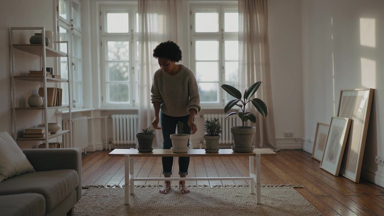 Donna in maglione e jeans che solleva un vaso, sistemando le piante su una panca bassa in soggiorno, curandone lo stile
