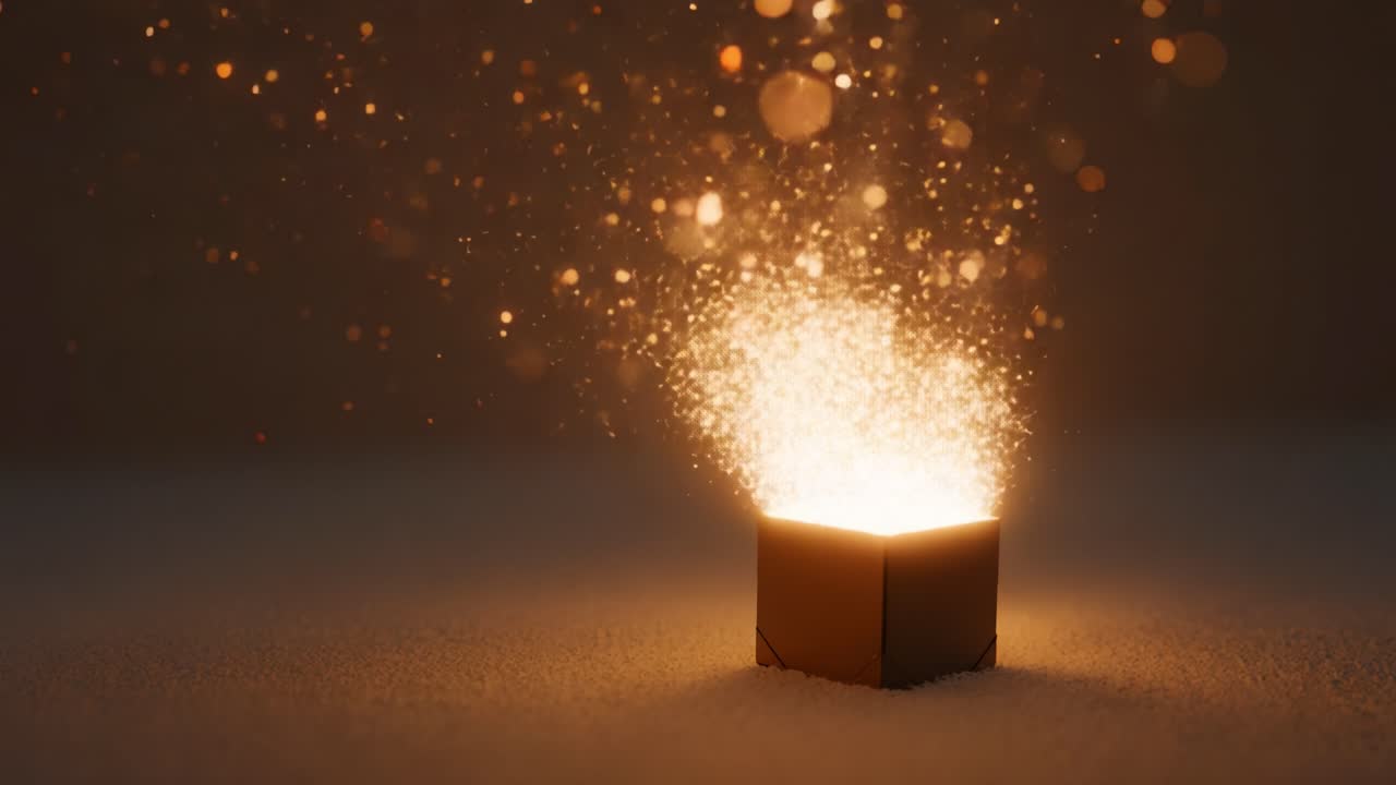 A mystical box emanating a shower of dazzling golden particles, creating a mesmerizing visual spectacle that captivates the imagination and evokes a sense of wonder and joy