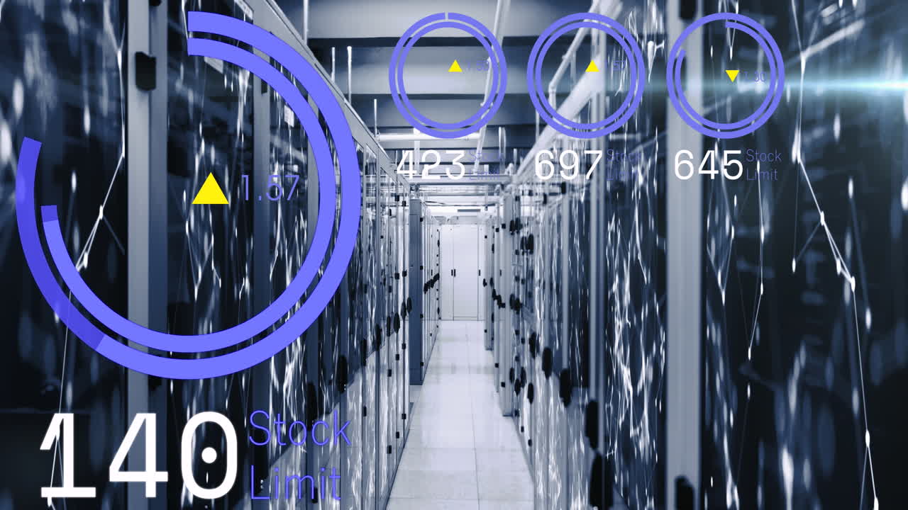 animación del procesamiento de datos del mercado de valores y red de conexiones contra la sala de servidores informáticos