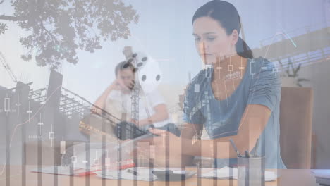 animación del procesamiento de datos sobre pareja caucásica y dados.