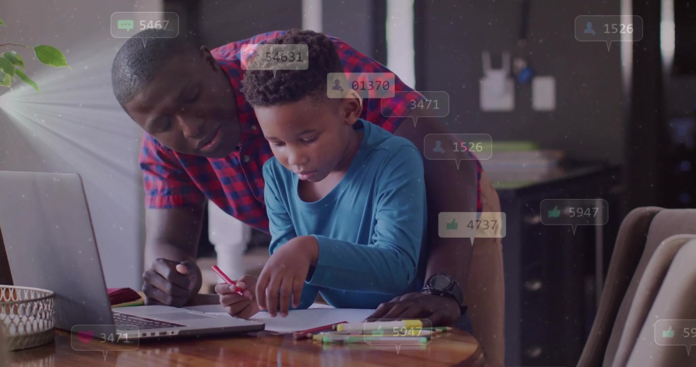 Dad leaning over child, reaching for red pencil, guiding education as badges overlaying laptop