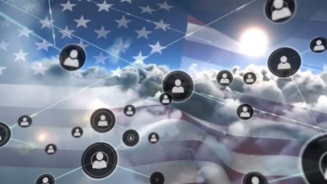 animation of network of connections of icons with people over usa flag and clouds