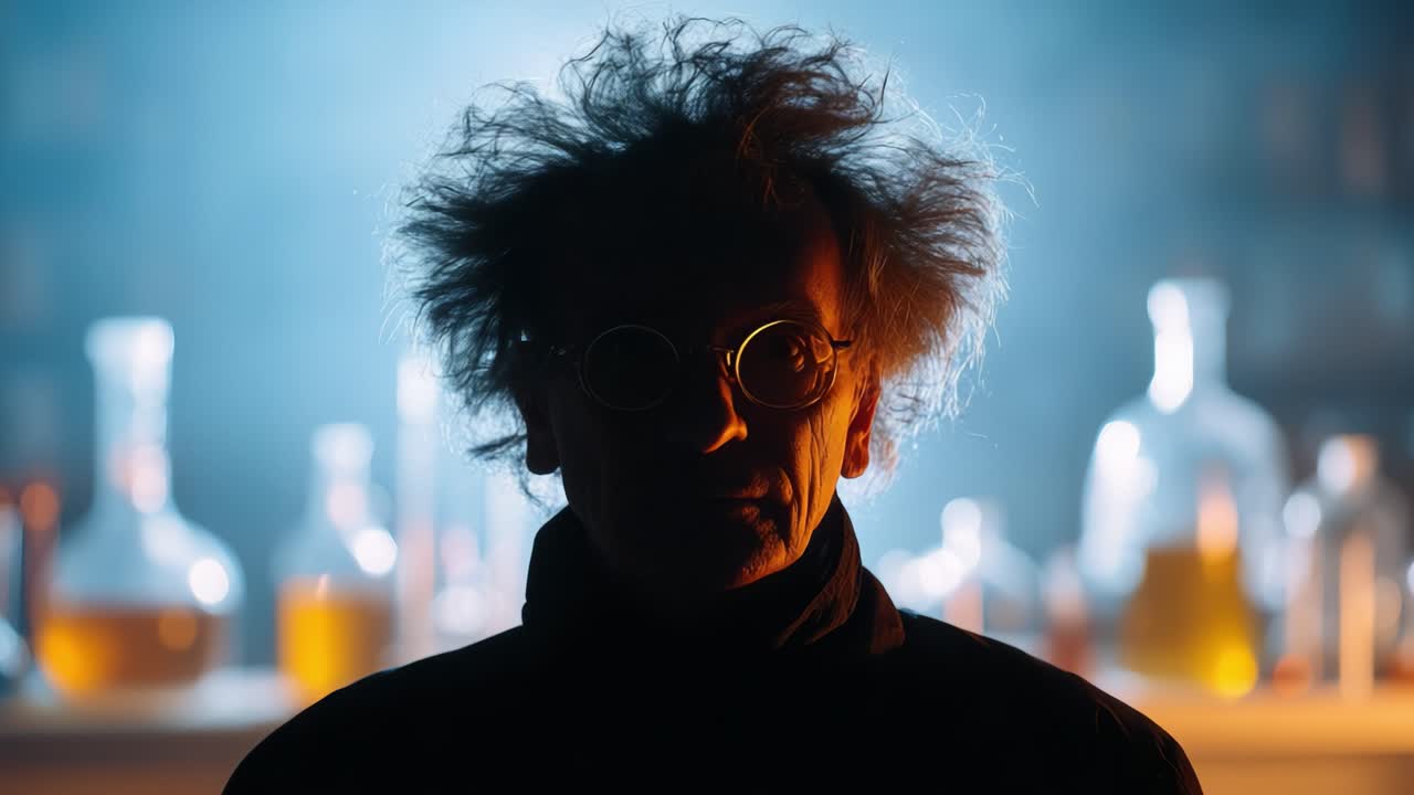 Mysterious Scientist in a Dark Laboratory Surrounded by Colorful Bottles of Potions, Evoking a Sense of Intrigue and Experimentation in the Shadows