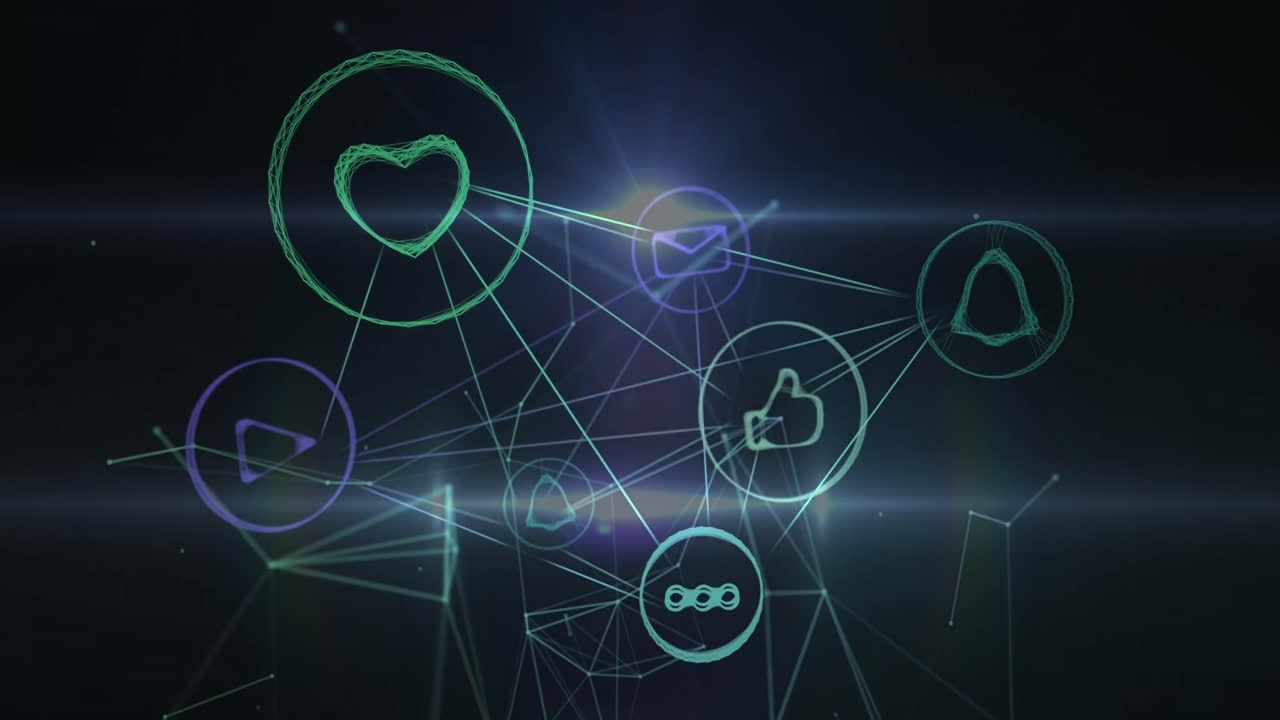 검은색 배경에 소셜 미디어 아이콘으로 연결 네트워크의 애니메이션