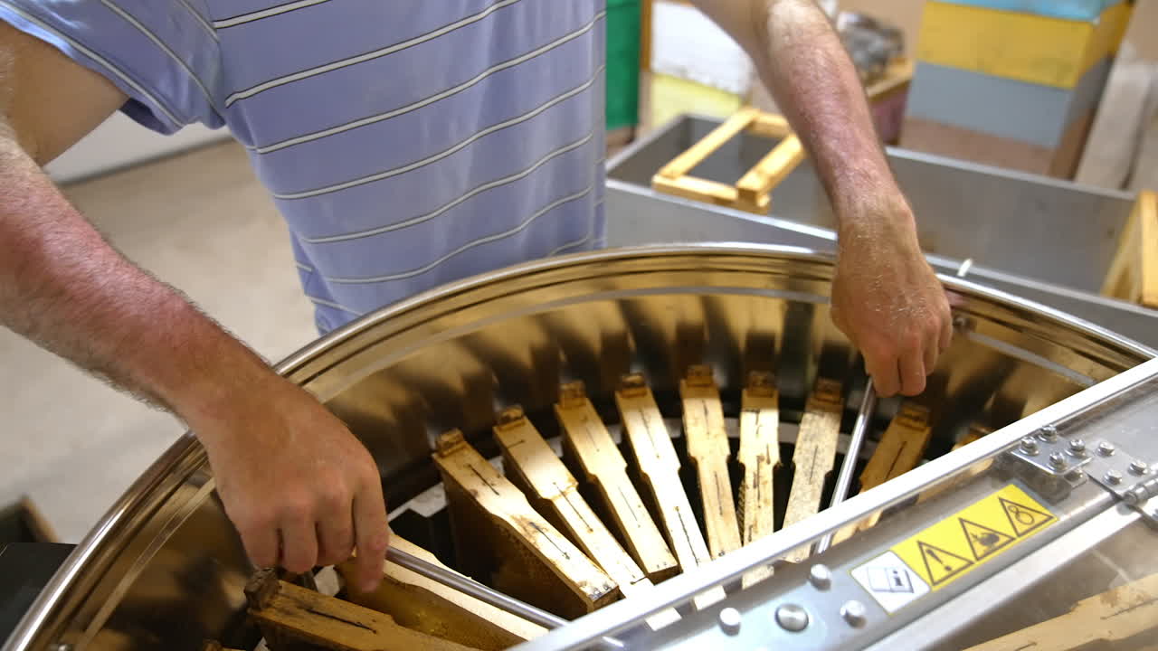 Beekeeper rotates the metal bin full of honey frames. Man checks-up if all the frames stand right. Close up.