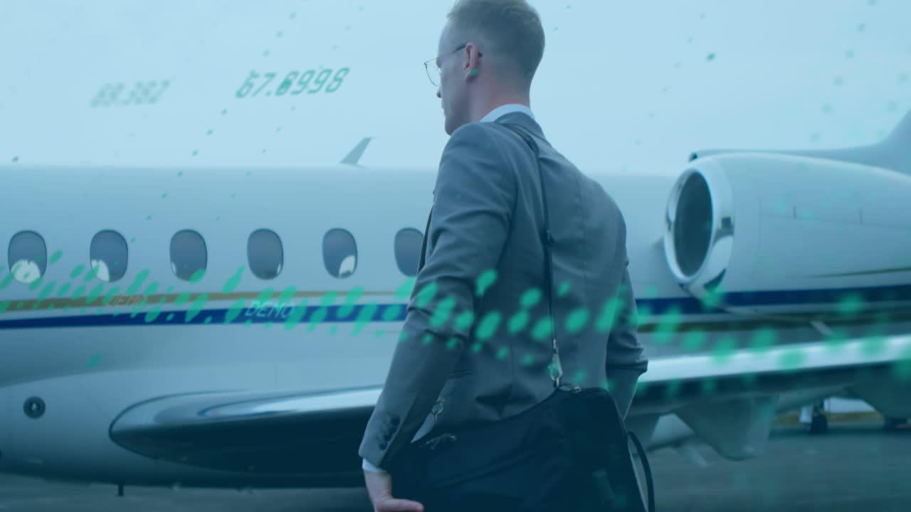 비행기를 향해 걸어가는 가방을 들고 있는 백인 남자의 그래프와 변하는 숫자의 애니메이션