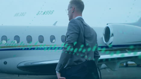 animación de gráficos y números cambiantes sobre hombre caucásico con bolsa caminando hacia el avión