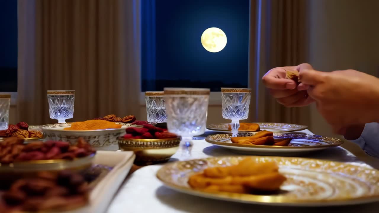 cena de iftar bajo la luz de la luna