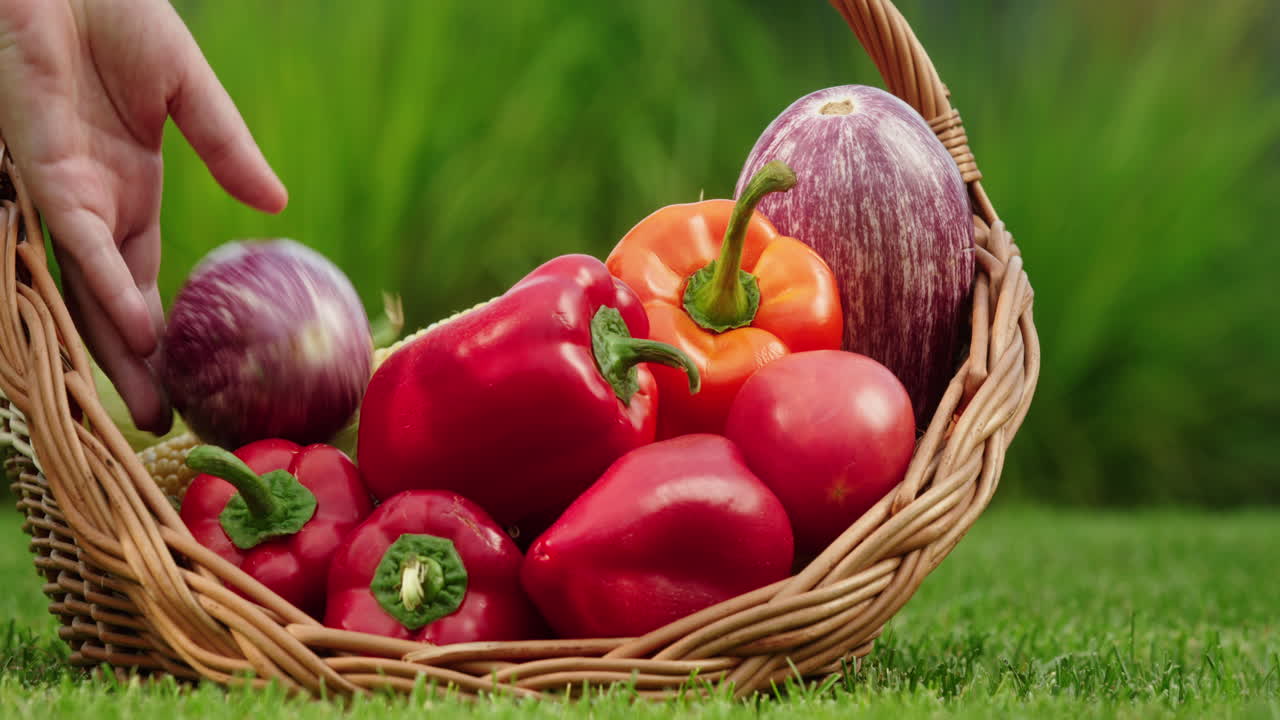 colocando las verduras a mano en una canasta de mimbre