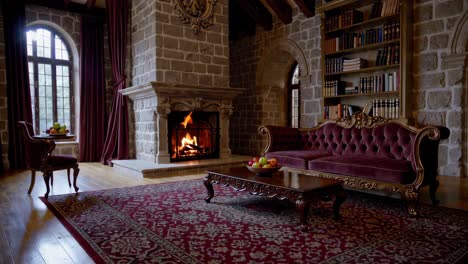 luxury medieval style living room with fireplace