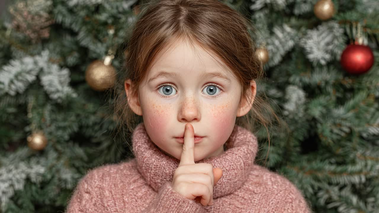 A Young Girl in a Cozy Sweater with a Finger to Her Lips, Surrounded by Festive Decorations, Invites Silence During the Joyful Holiday Season