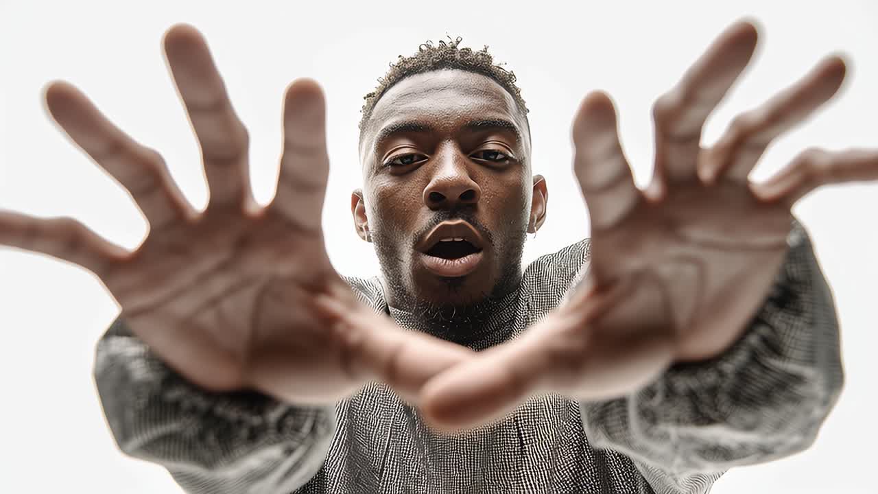 Young man performing hand gestures in slow motion on white background