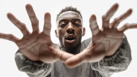 young man performing hand gestures in slow motion on white background