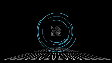 animation of qr code and binary coding data processing over black background