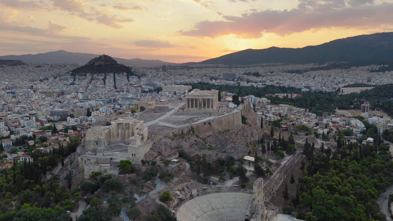 Aerial view of the Acropolis in Athens at sunset