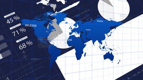 animación del procesamiento de datos financieros con mapa del mundo en fondo negro