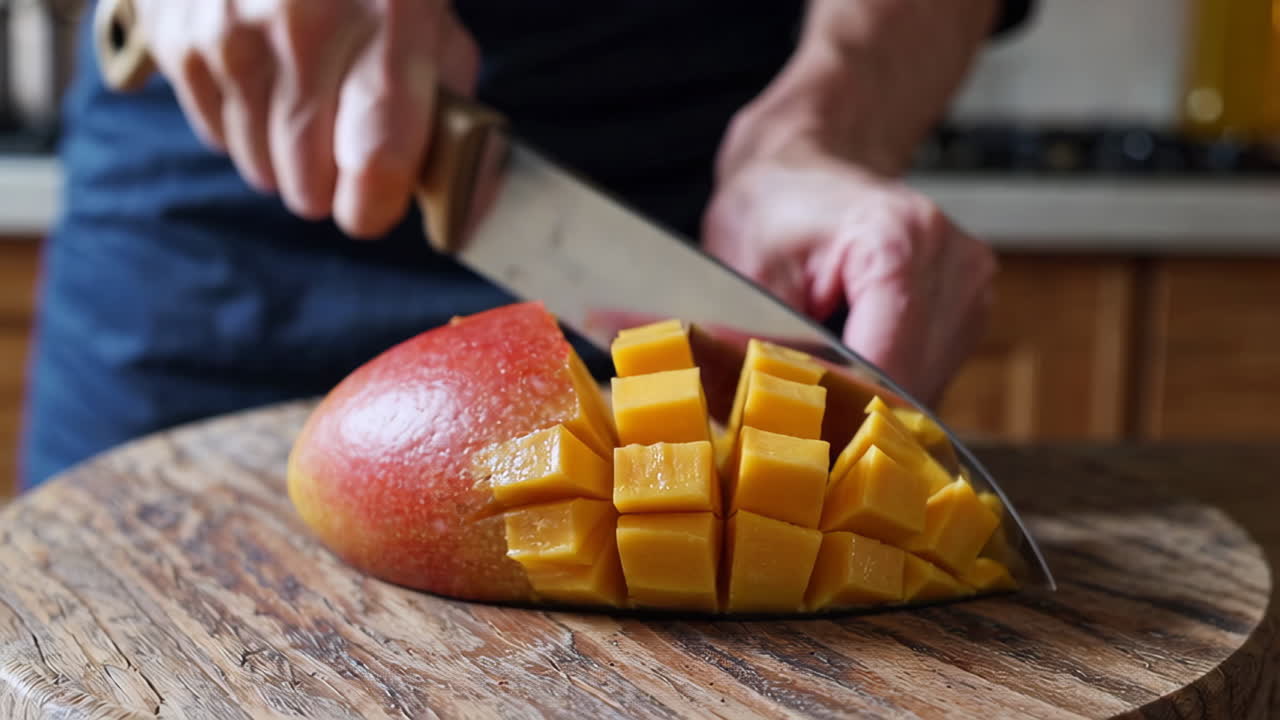 Person cutting a mango into cubes on a wooden board
