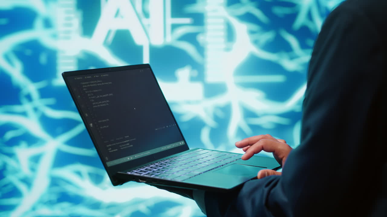 primer plano de un trabajador que utiliza un aprendizaje profundo y una computadora portátil para ver los datos