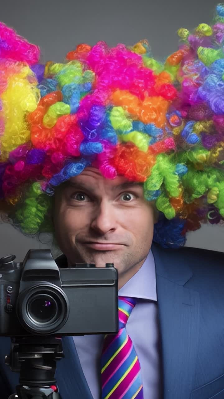 Cheerful Photographer with Colorful Curly Wig Capturing Fun Moments Behind the Camera, Displaying a Playful and Joyful Spirit in a Shiny Suit