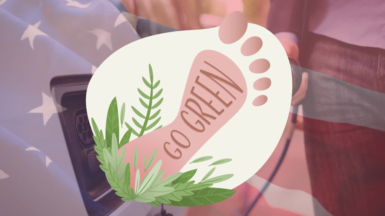 зелёный текст над флагом соединенных штатов и человек заряжает электрический автомобиль