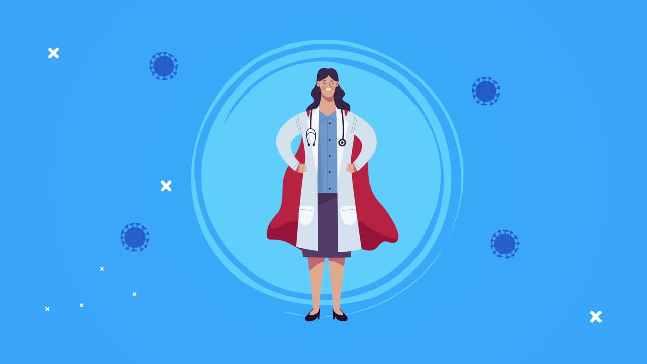 코로나19 입자를 가진 여성 영웅 의사
