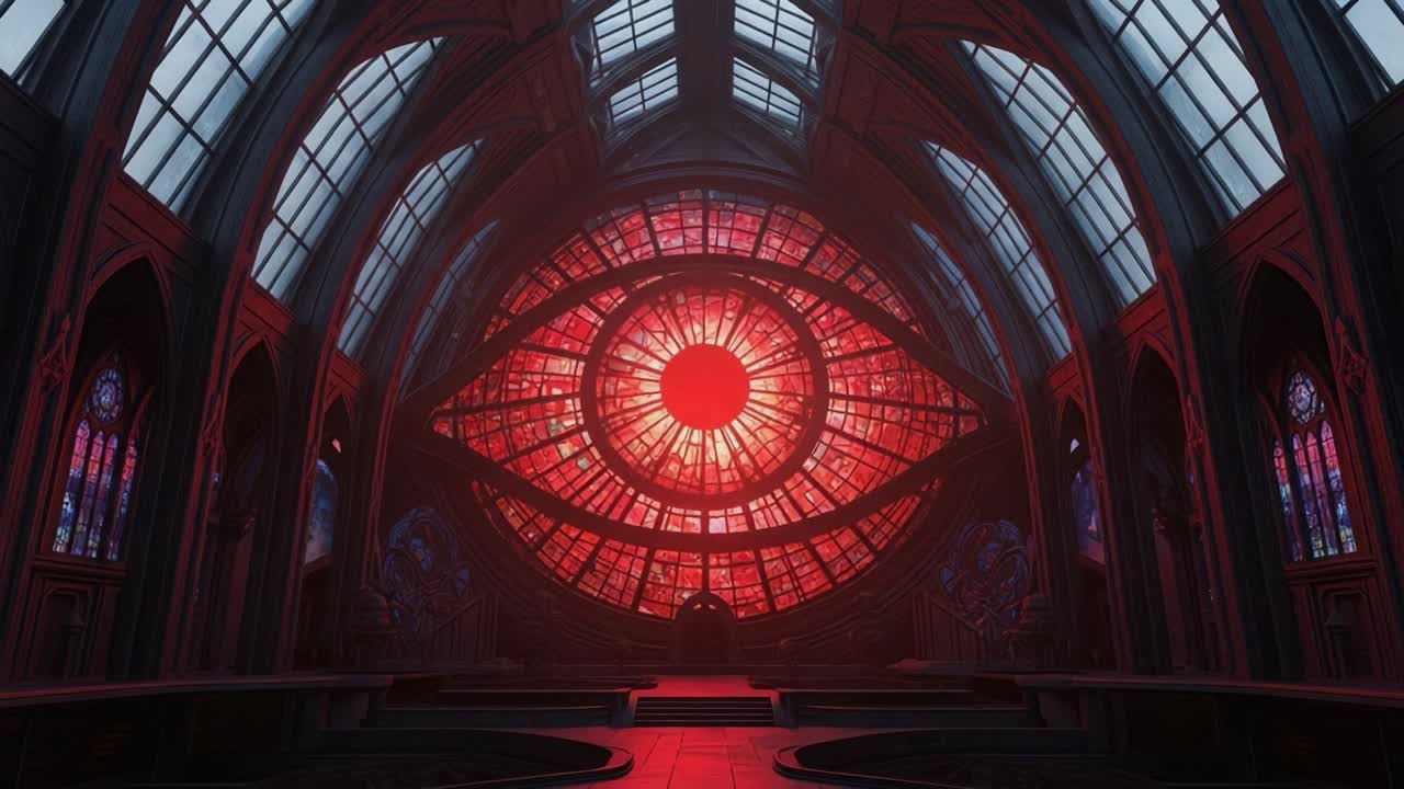 A Hauntingly Beautiful Red Eye Illuminates an Intricate Gothic Interior, Surrounded by Elaborate Stained Glass in an Abandoned Sanctuary of Mystery and Intrigue