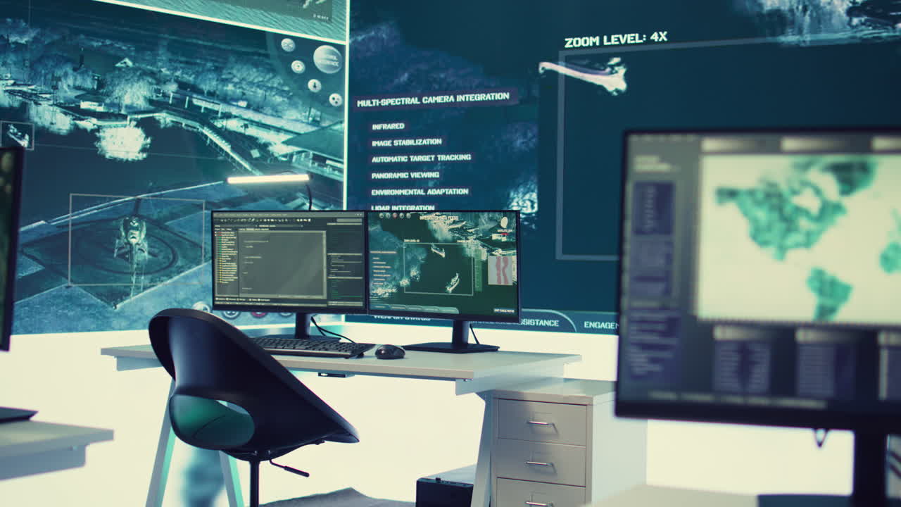 centro de control de drones militares vacío equipado con una gran pantalla