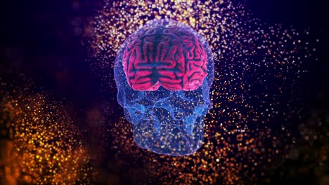 human skull and active brain memory with several camera angles. abstract 3d video loop animation concept of brain on blurred sparks background.