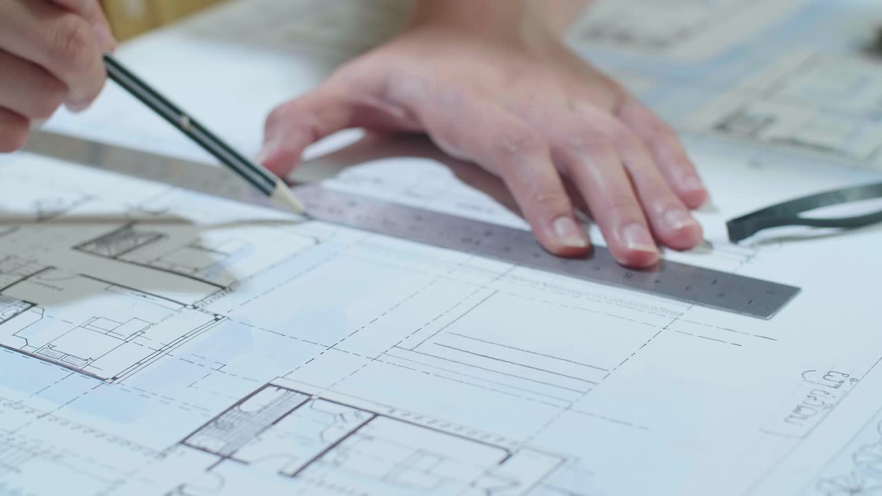 Close Up Of Hand'S Woman Engineer Drawing Blueprint