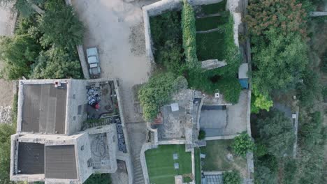 Aerial-Drone-Top-Down-Luberon-Provence-Saignon-France-Medieval-Town-at-Sunrise