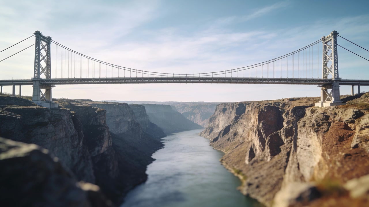 Tenendo ferma la fotocamera, catturando un ponte sospeso su un canyon roccioso, un fiume che scorre per un panorama.