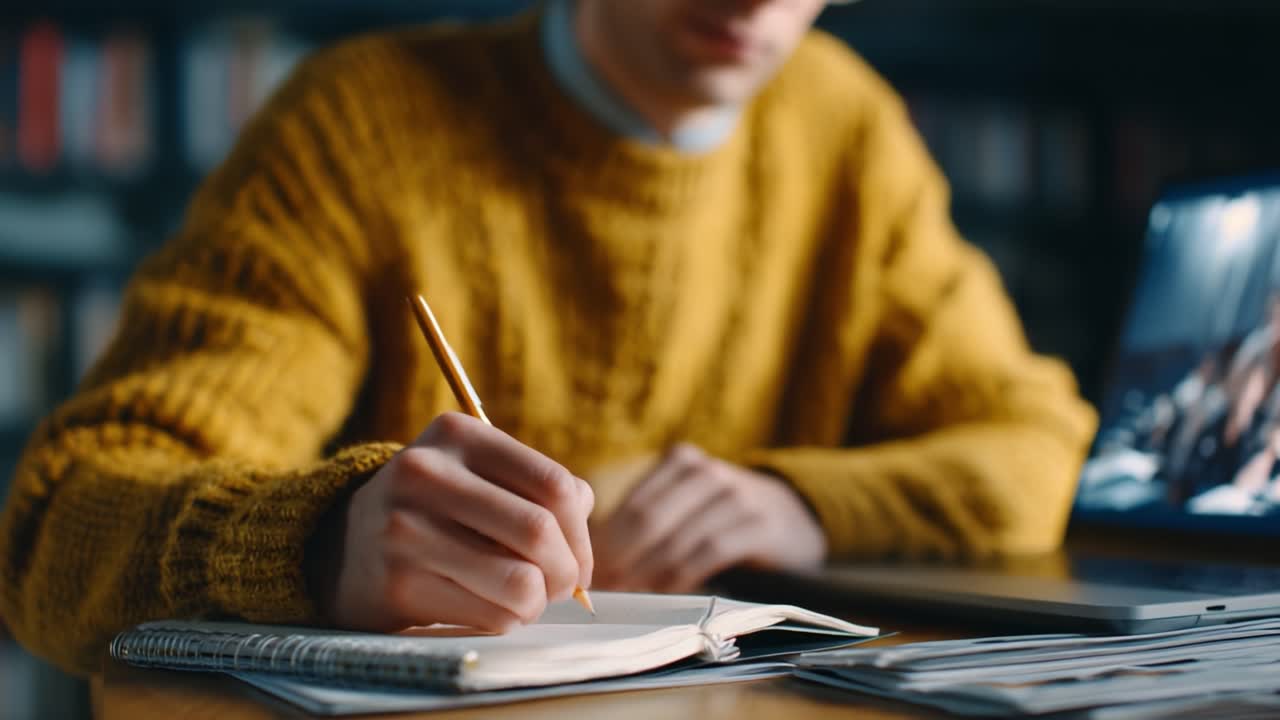 Focused Student Engaged in Note-Taking and Study with Laptop Open, Capturing Knowledge and Ideas in a Cozy Learning Environment