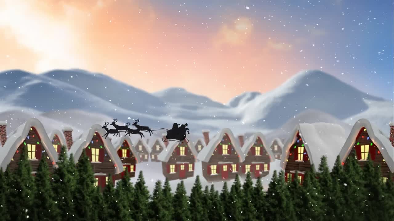 겨울 마을에 내리는 눈 위에 사 ⁇ 과 함께  ⁇ 매에 산타클로스의 애니메이션