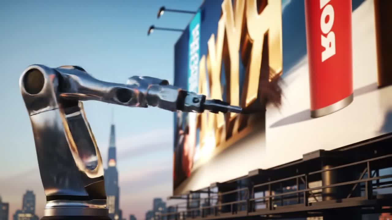 A Futuristic Robotic Arm Artfully Painting a Billboard Against a Cityscape Backdrop, Merging Technology with Creative Expression in a Stunning Visual Display