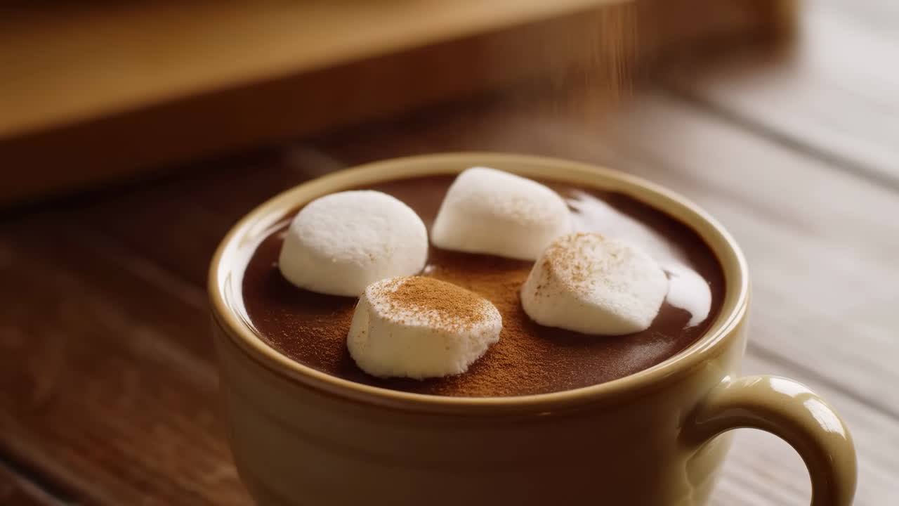 Spolverata di cannella in polvere su cioccolata calda con marshmallow