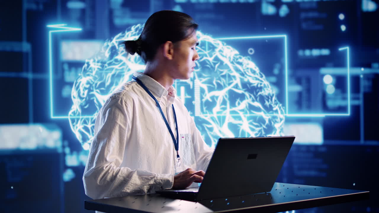 Expert performs AI simulation on laptop