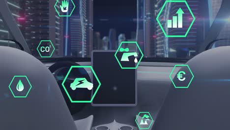 animación de procesamiento de datos y iconos de ecología sobre el coche y la ciudad