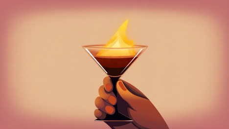 hand holding a flaming cocktail in a martini glass