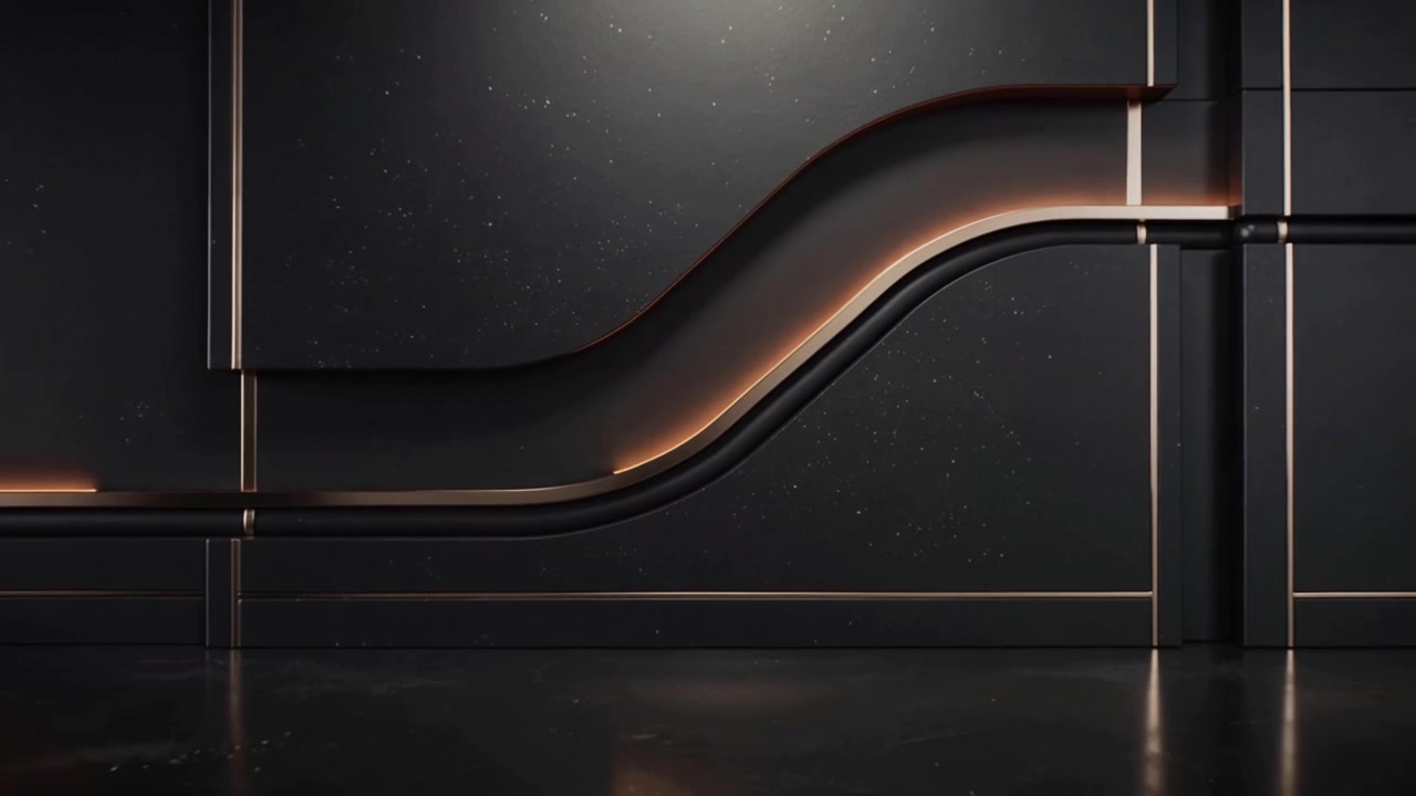 Un impulso luminoso che si avvia su un profilo a S che scorre lungo la parete, rivelando superfici scolpite e specchi a listello con luce calda.