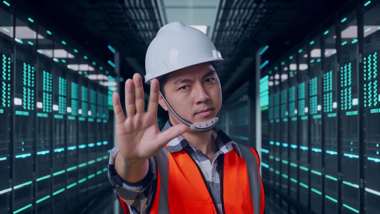 サーバールームのデータセンターに立つ、ヘルメットをかぶったアジア系の男性エンジニアのクローズアップ。手で「NO」のサインをして不承認の意を示している。