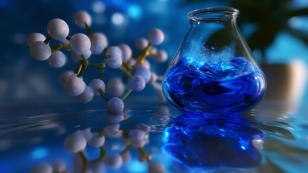 Vibrant Blue Liquid in a Laboratory Flask, Surrounded by Molecular Structures Reflecting in Water, Creating a Stunning Visual Representation of Chemistry and Science in a Creative Artistic Environment