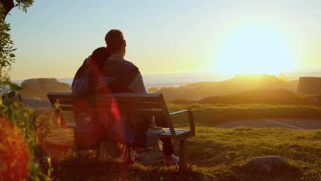 Rear-view-of-couple-sitting-on-bench-near-beach-4k