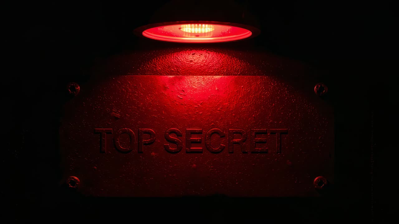 Pulsing three red lamps brightening plaque on vault wall, exposing TOP SECRET lettering and screws