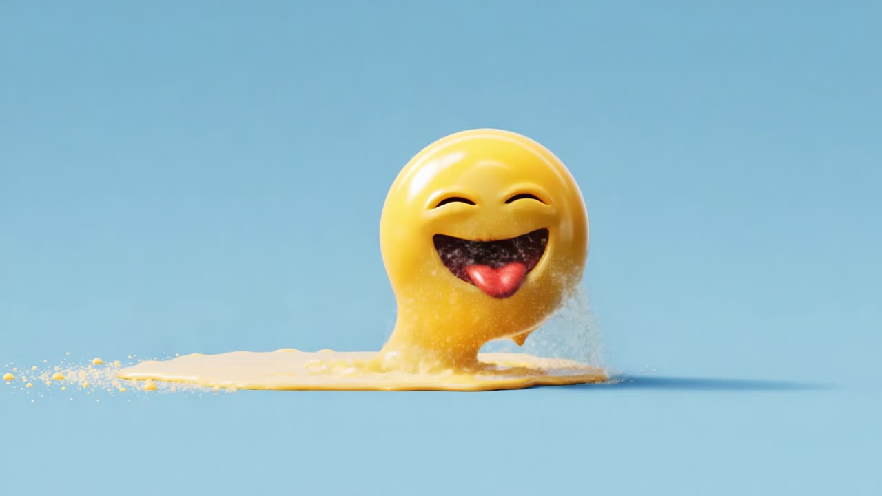 A playful and vibrant animated character expresses joy and excitement, showcasing a colorful smiley design with a bright yellow hue, surrounded by a smooth, glossy liquid base