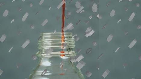 Animation-of-rows-of-white-shapes-over-pouring-red-liquid-into-laboratory-bottle