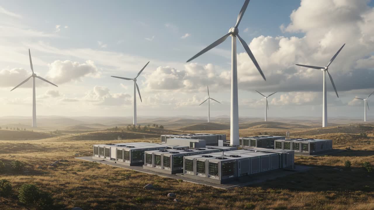 A Sustainable Energy Future: Expansive Wind Turbines Surrounding Modern Technology Hubs Set Against a Scenic Landscape of Rolling Hills and Clouds