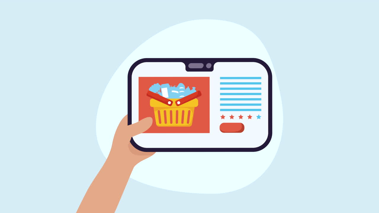 uso manuale del tablet con animazione di e-commerce