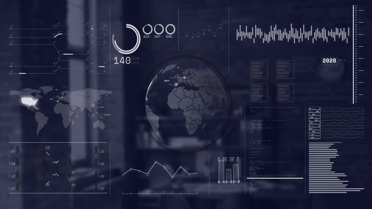 Animation of interface with spinning globe and data processing against empty office