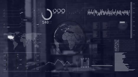 animation of interface with spinning globe and data processing against empty office