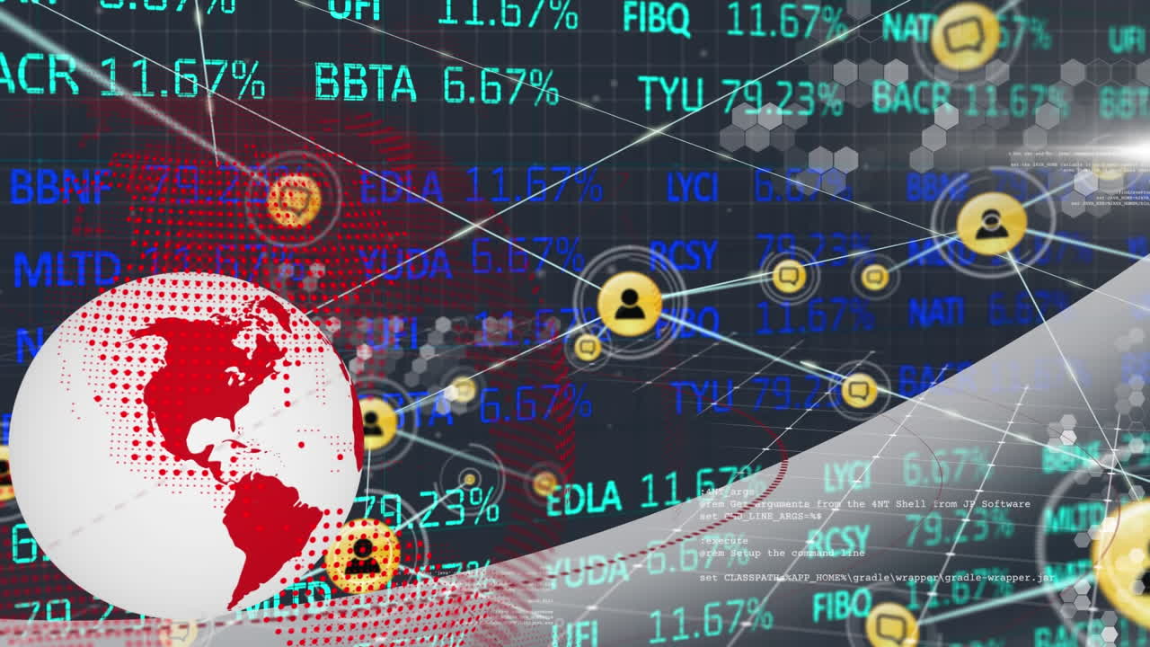 프로필 아이콘의 네트워크의 애니메이션과 회전하는 지구상에서 주식 시장 데이터 처리